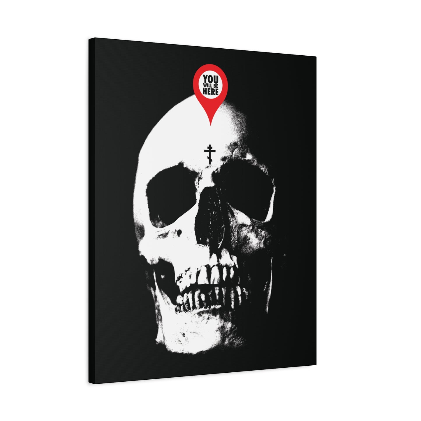 The "You Will Be Here Maps Marker on Skull" Orthodox Christian canvas art features a skull with a red location pin and the message "What You Are I Once Was"—a memento mori reminding us to remember our mortality.