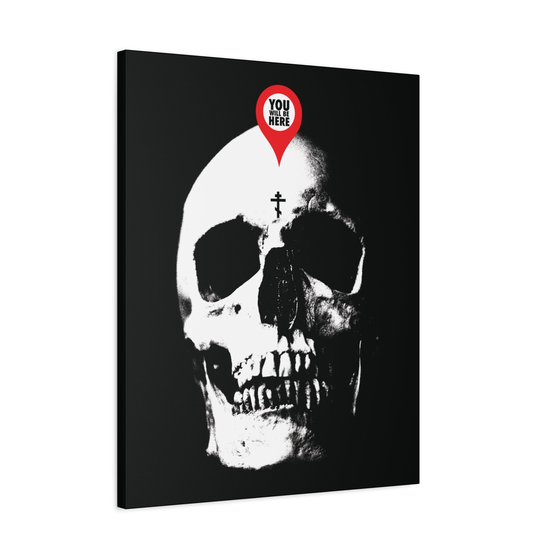 The "You Will Be Here Maps Marker on Skull" Orthodox Christian canvas art features a skull with a red location pin and the message "What You Are I Once Was"—a memento mori reminding us to remember our mortality.