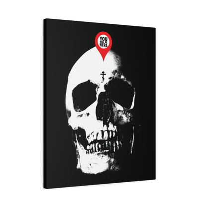 The "You Will Be Here Maps Marker on Skull" Orthodox Christian canvas art features a skull with a red location pin and the message "What You Are I Once Was"—a memento mori reminding us to remember our mortality.