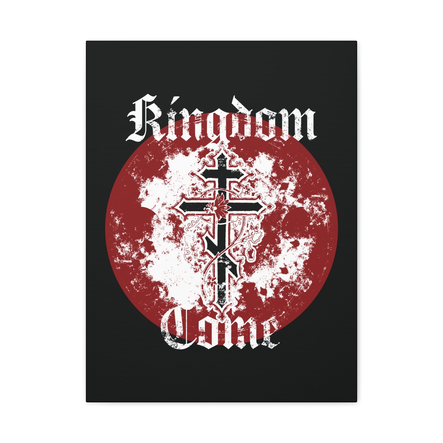 A black canvas featuring an Orthodox cross with vine, red circle, and “Kingdom Come” in textured gothic font—Orthodox Christian art inspired by the Lord’s Prayer.