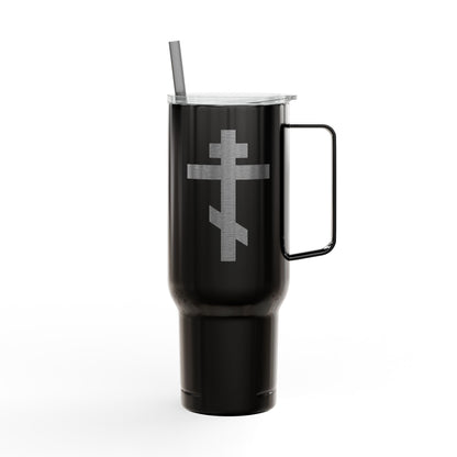 Russian/Greek Tribar Cross Engraved 40oz Koozie Tumbler | Insulated Stainless Steel | Bold, Minimalist Orthodox Christian Home & Travel Accessory