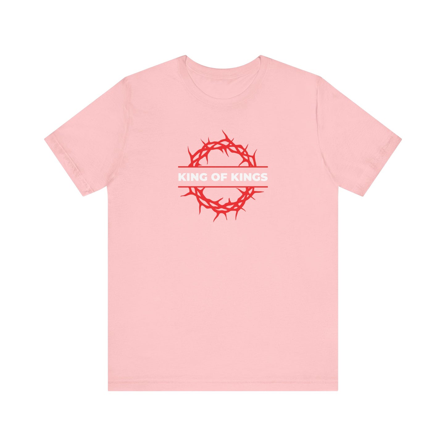 Pink "King of Kings Crown of Thorns" lightweight cotton unisex t-shirt, featuring a red crown of thorns and bold white "KING OF KINGS" text across the center—design inspired by Revelation 19:16, declaring Christ as King in victory.