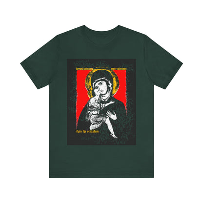 Forest green "Beyond Compare More Glorious Than the Seraphim" Orthodox Christian t-shirt, featuring the Vladimir Theotokos icon with Christ Child, gold halo, and red background—a tribute to the immaculate Virgin and salvation.