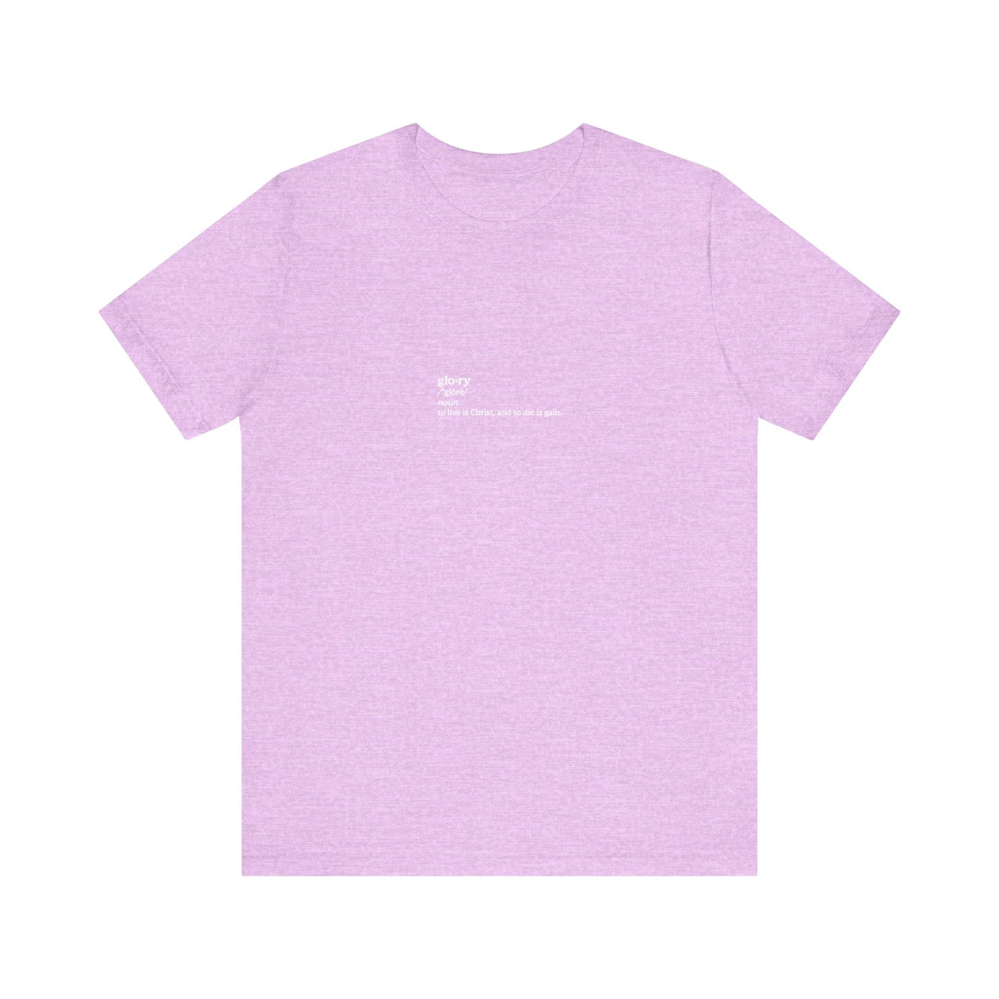Heather Prism Lilac unisex tee with “To Live is Christ, to Die is Gain (Phil 1:21)” white text on the chest, inspired by ascetic Christianity and martyrs. Displayed on a white background. Lightweight cotton.
