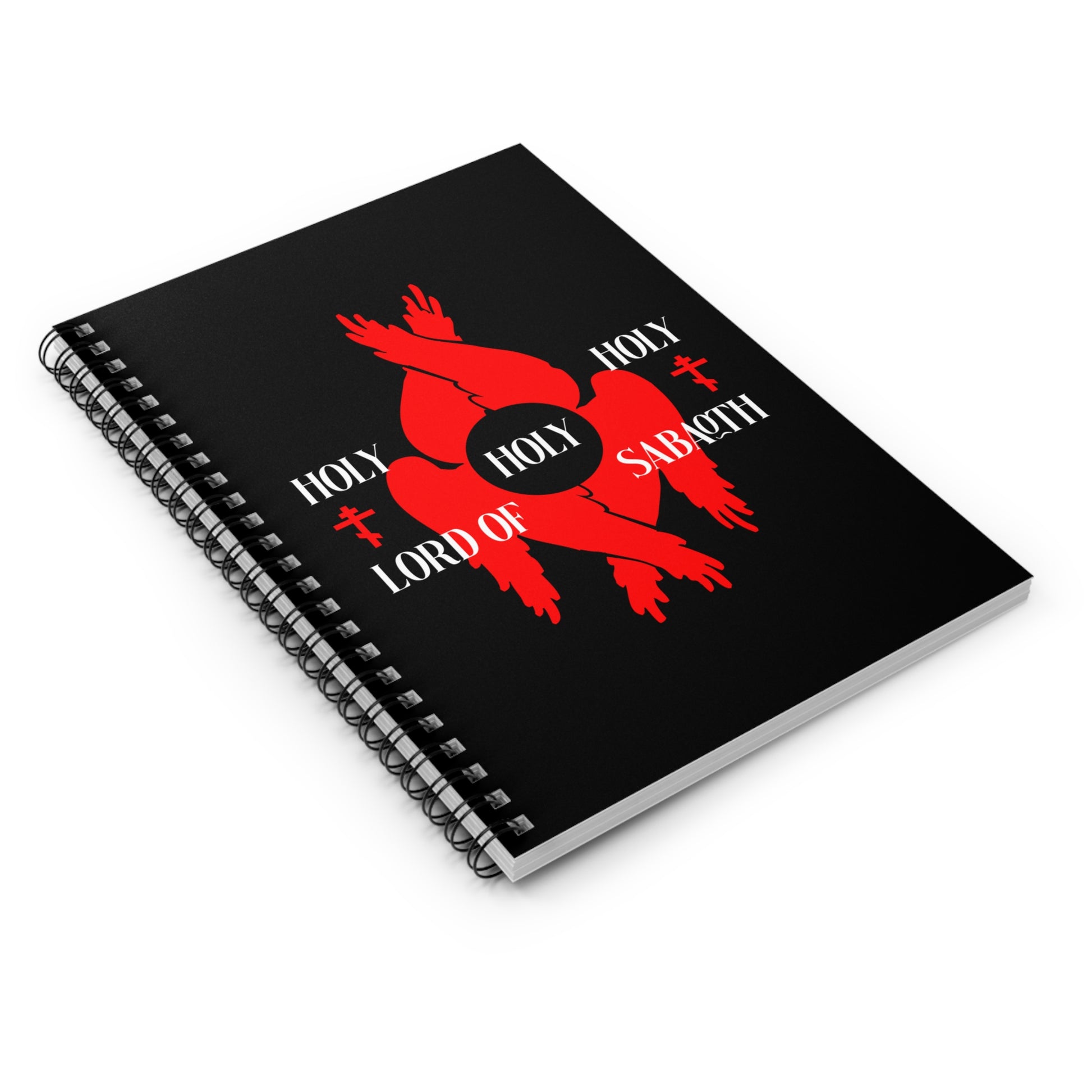 A black spiral notebook titled "Holy Holy Holy Lord of Sabaoth" features red seraphim wings, Orthodox crosses, and Isaiah 6:3—an Orthodox Christian design inspired by the seraphim’s song of praise.