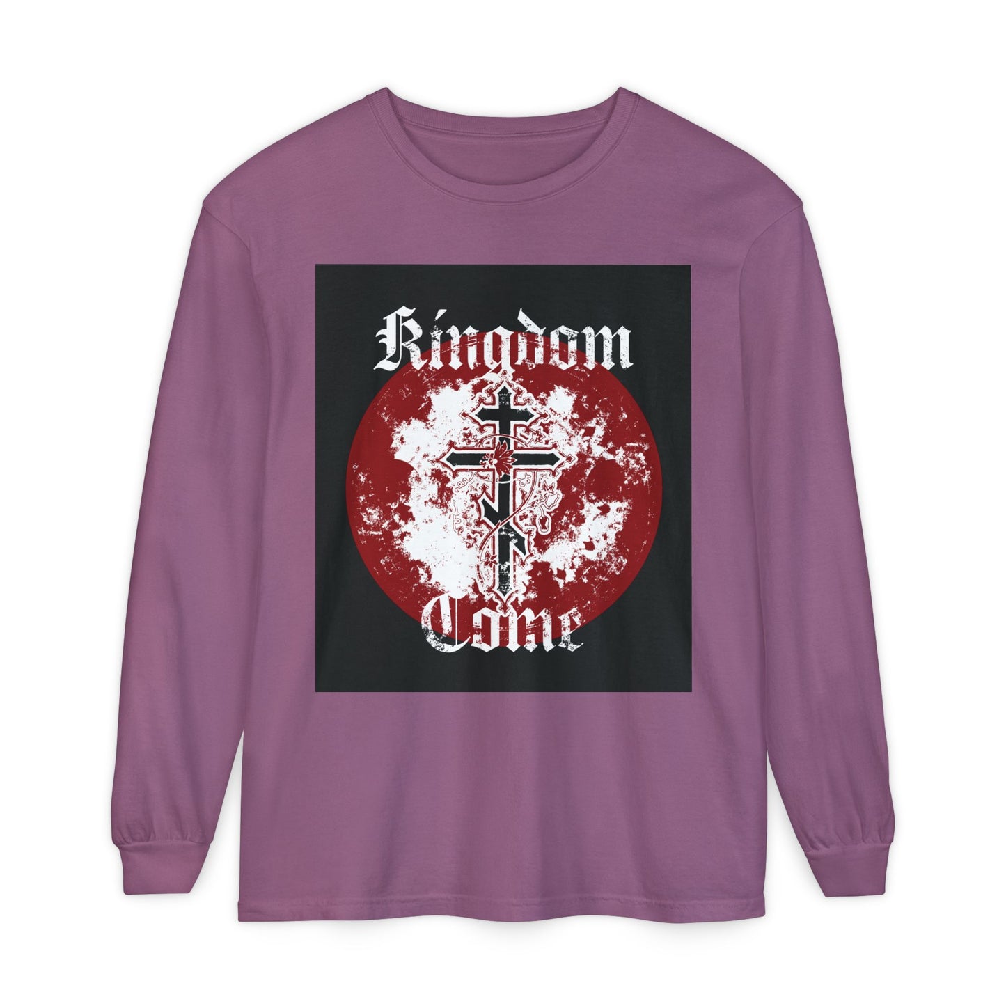 Kingdom Come | Lord's Prayer | Orthodox Cross with Vine | Textured Gothic Font | Orthodox Long Sleeve Cotton Shirt