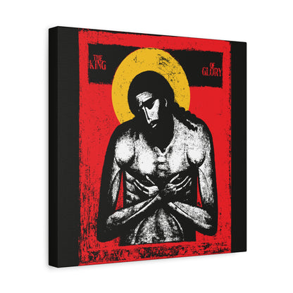 The King of Glory Jesus Christ "Extreme Humility" IconoGraphic features a stylized image with red, yellow, white, and black hues—a Christian devotional wall art inspired by Isaiah 53.