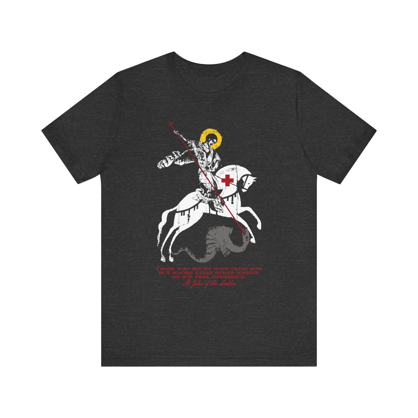 Showcasing the “Those Who Mourn Over Their Sins” Orthodox Christian lightweight cotton unisex tee in Dark Grey Heather—this T-shirt features an iconographic illustration of St George slaying the dragon, highlighted with a red cross and yellow halo accents. Inspired by St John Climacus, it powerfully symbolizes inner struggles and spiritual sorrow.