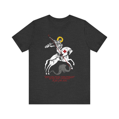 Showcasing the “Those Who Mourn Over Their Sins” Orthodox Christian lightweight cotton unisex tee in Dark Grey Heather—this T-shirt features an iconographic illustration of St George slaying the dragon, highlighted with a red cross and yellow halo accents. Inspired by St John Climacus, it powerfully symbolizes inner struggles and spiritual sorrow.