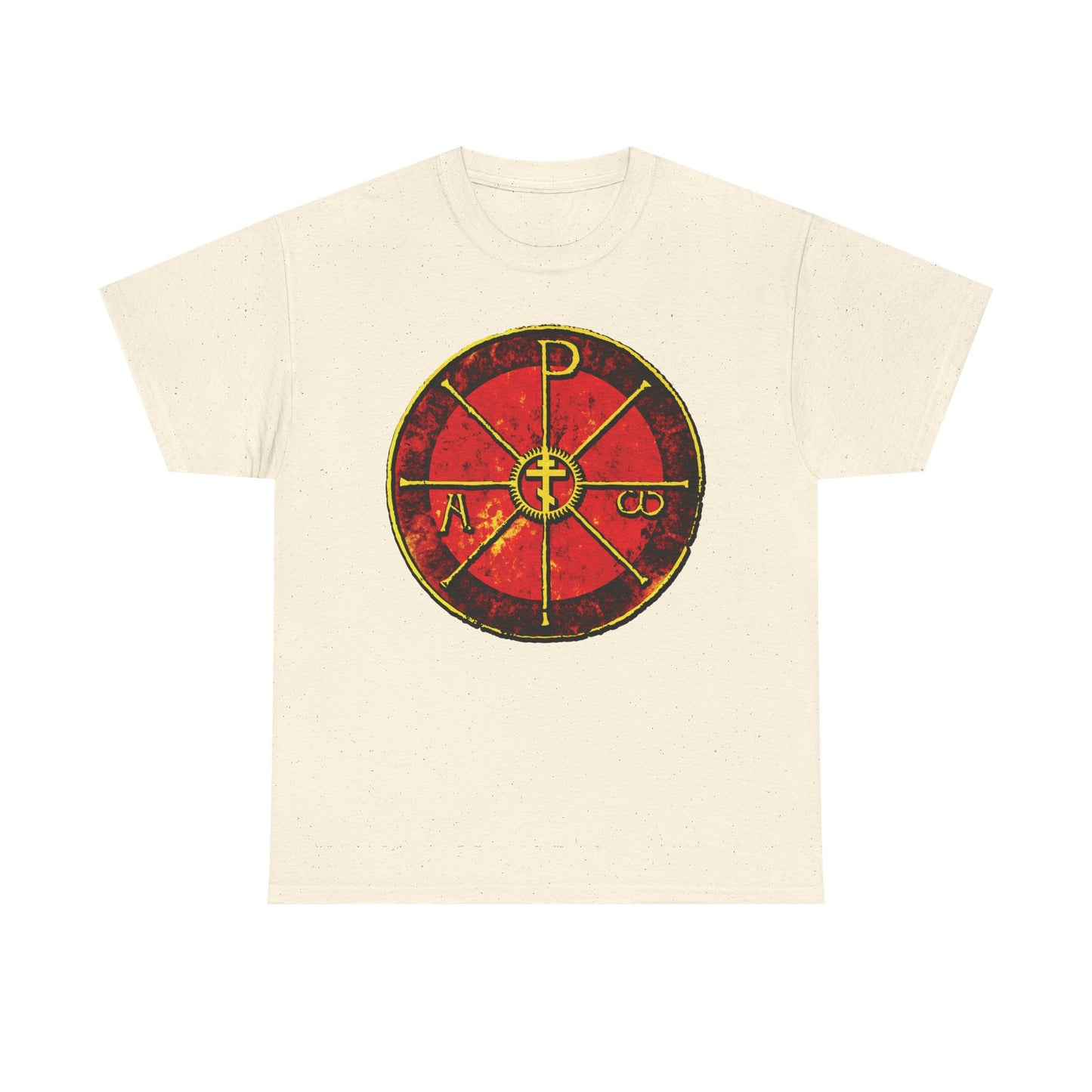 Natural-colored midweight cotton t-shirt featuring the Alpha & Omega Chi Rho Orthodox Cross, an ancient Christian Christogram, with "In This Sign Ye Shall Conquer" design inspired by the Cathedral of Milan.
