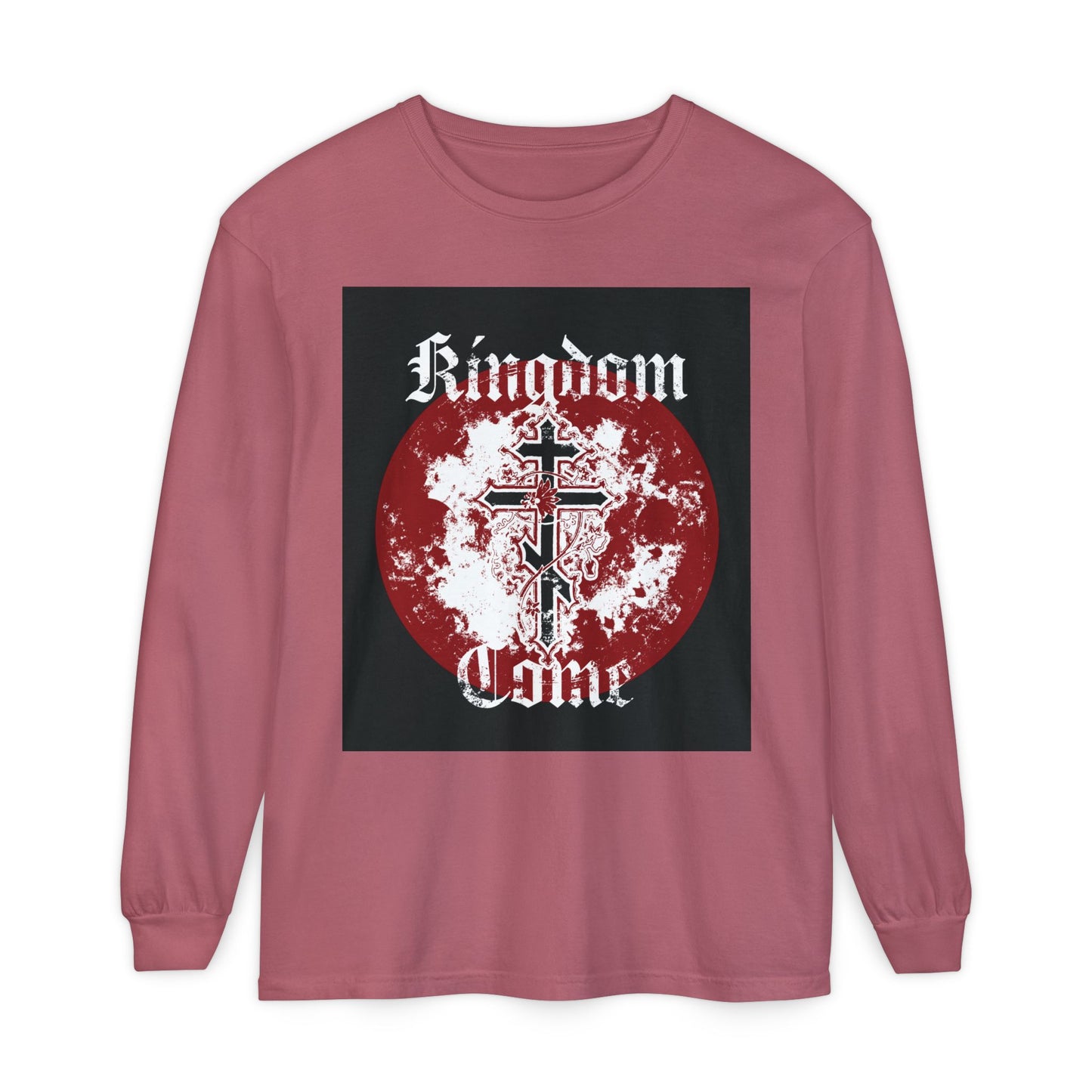 Kingdom Come | Lord's Prayer | Orthodox Cross with Vine | Textured Gothic Font | Orthodox Long Sleeve Cotton Shirt