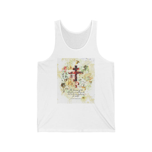 Preparing For Death | White & Beige Floral Scrapbook Texture Cross | Arts & Crafts Style | St Irenaeus | Orthodox Christian Jersey Tank Top