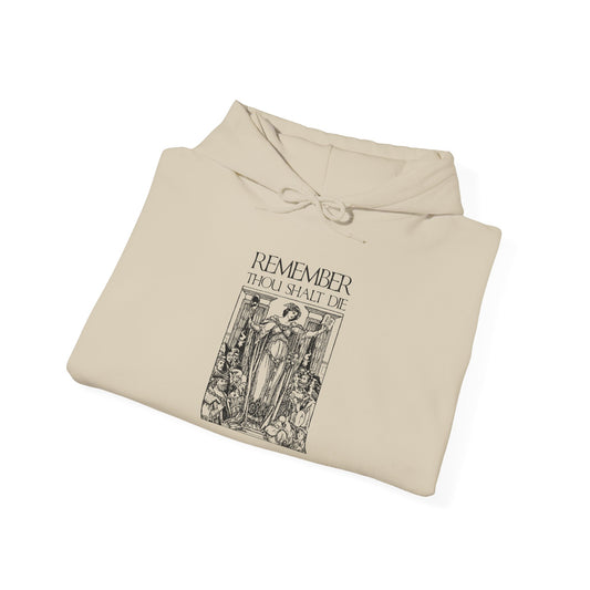 Sand hoodie featuring a classic woodcut illustration with black art and the text “Remember You Will Die,” inspired by Shakespearean themes and the lamentation of St Ephraim the Syrian—a Memento Mori piece rooted in Orthodox Christian tradition.