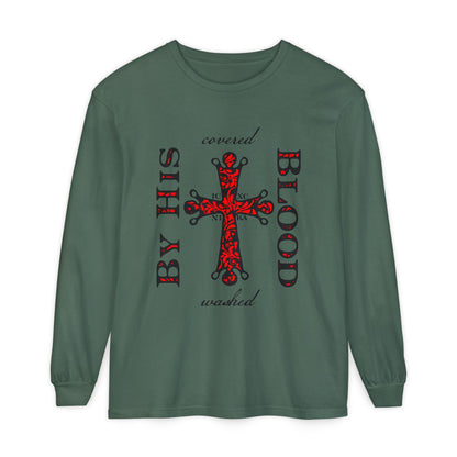 Washed/Covered By His Blood (1 John 1:7) | ICXC NIKA Ornate Red Orthodox Cross | Orthodox Christian Long Sleeve Shirt
