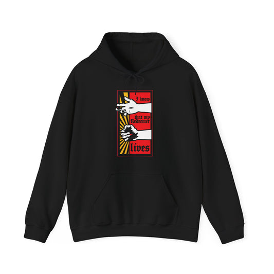 Black "I Know That My Redeemer Lives (Job 19:25)" hoodie featuring a comic book style design of resurrected Jesus’ fist with divine power—a bold Orthodox Christian statement of faith.
