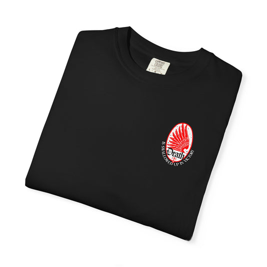Black Death is Swallowed Up In Victory t-shirt with a red wing graphic and text about victory over death.