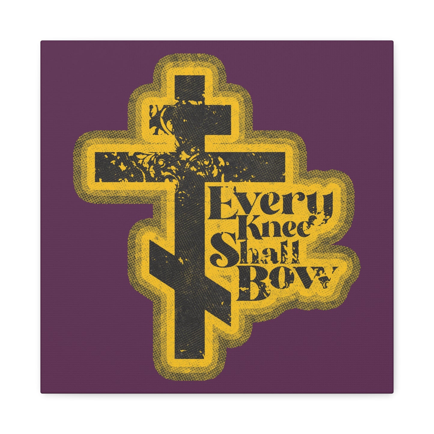 A purple background features a black and yellow cross with "Every Knee Shall Bow," Philippians 2:10-11, and Isaiah 45:23 in a 70s distressed halftone comic book style—Christian wall art.