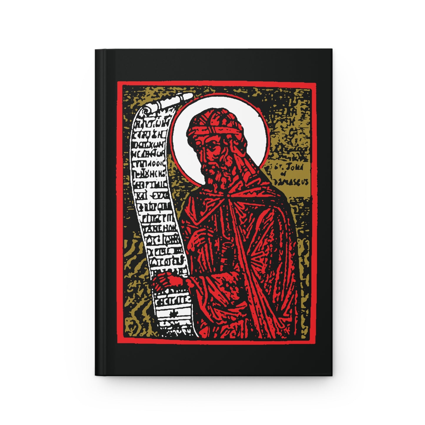 St. John of Damascus Icono-Graphic: Orthodox Christian saint in red, gold, and black high-contrast design, inspired by Orthodox hymns, features on a hardcover journal notebook cover.