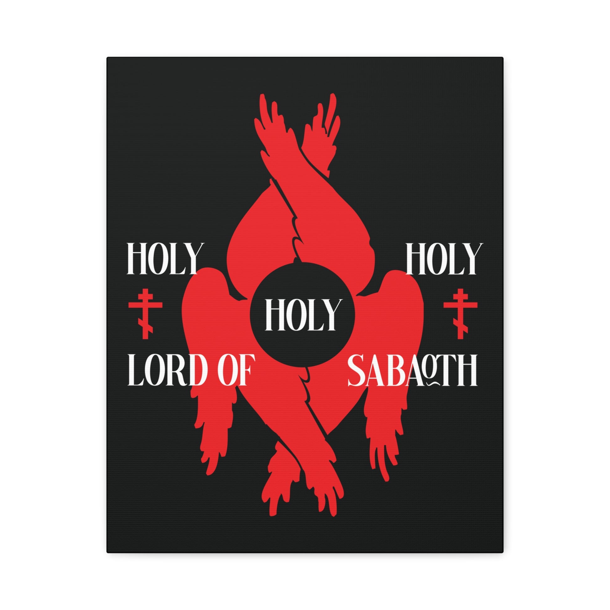 Holy Holy Holy Lord of Sabaoth Red Seraphim Wings Orthodox Crosses canvas art, featuring Isaiah 6:3 and Divine Council theme, inspired by St Cyril of Jerusalem's Holy Anaphora, on a black background.
