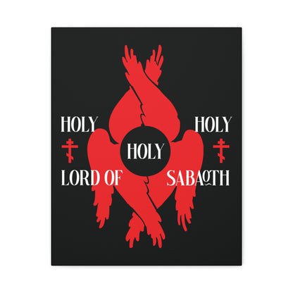 Holy Holy Holy Lord of Sabaoth Red Seraphim Wings Orthodox Crosses canvas art, featuring Isaiah 6:3 and Divine Council theme, inspired by St Cyril of Jerusalem's Holy Anaphora, on a black background.