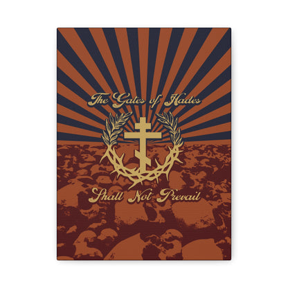 The Gates of Hades Shall Not Prevail | Cross with Wreath & Crown of Thorns | Skulls and Rays | Orthodox Christian Canvas Art