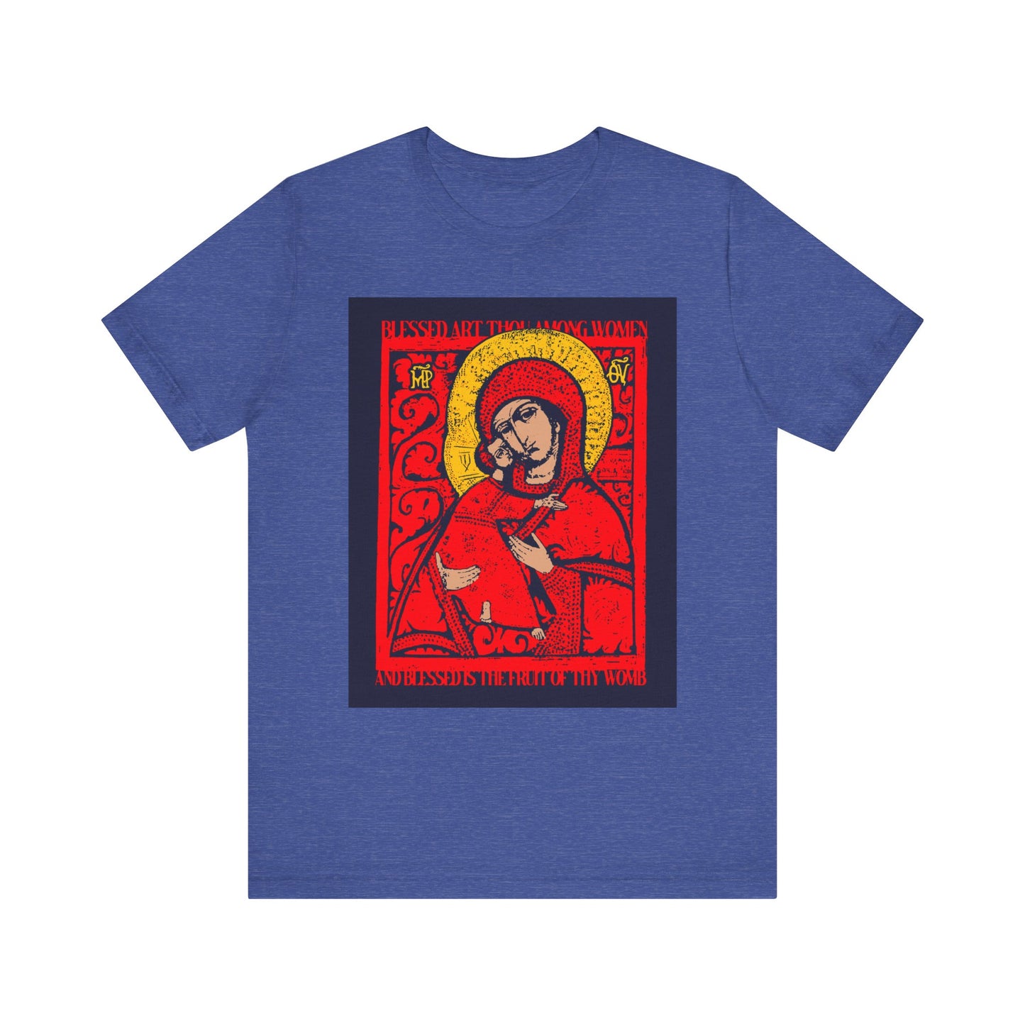 Heather True Royal t-shirt featuring a red, yellow, and black Orthodox Christian icon graphic inspired by the Vladimir Theotokos, with the phrase "Blessed Art Thou Among Women" on the front.