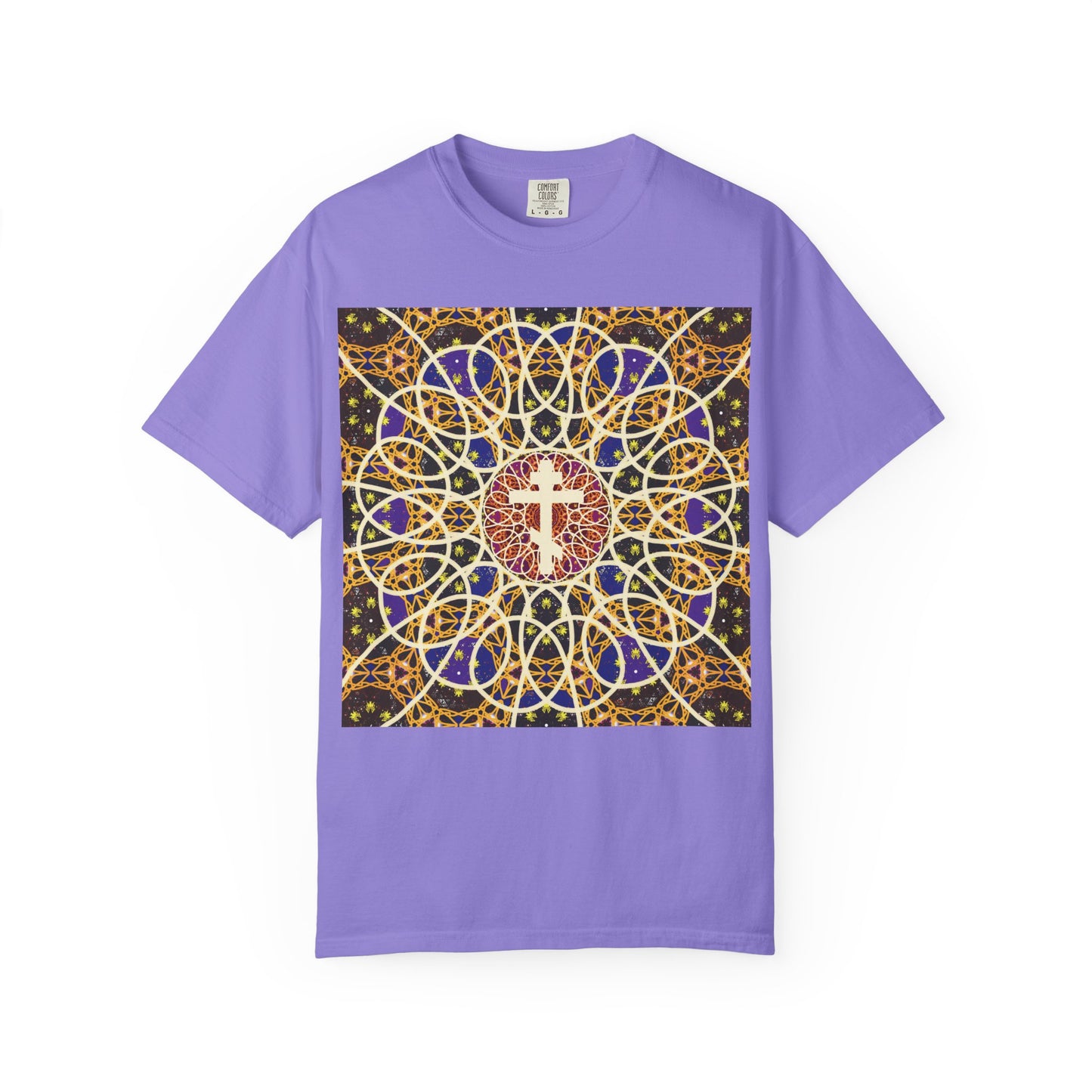 Violet “Medieval Cosmology Rose Window Orthodox Cross” heavyweight cotton unisex t-shirt featuring a colorful, ornate mandala design with a white Orthodox cross at the center, inspired by the symbolism of the robe of incorruption celebrated in Tone 6 Sunday Matins.