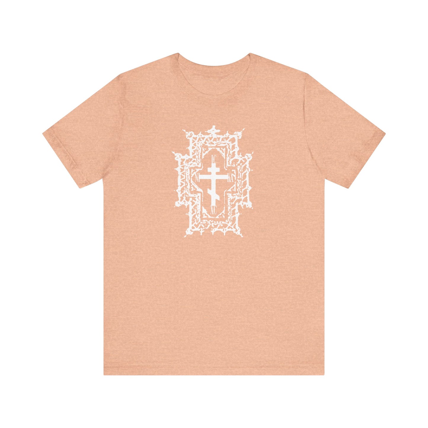 Heather Peach "ICXC NIKA | Jesus Christ Conquers" tee featuring a white Gothic cathedral-style Orthodox cross, symbolizing healing by His wounds. Lightweight cotton unisex Christian shirt.