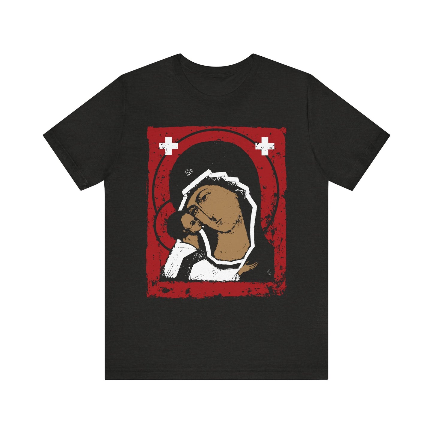 Black Heather tee featuring the “Theotokos Mother of God with Christ IconoGraphic”—a lightweight cotton shirt showcasing an abstract depiction of two haloed figures in red, white, and tan framed by a red arch, inspired by Igorevskaya Tenderness icons and Orthodox tradition.