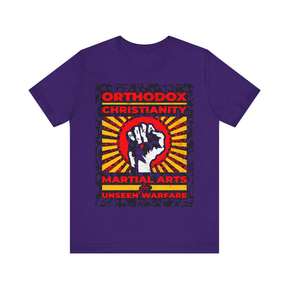 Orthodox Christianity: Martial Arts for Unseen Warfare | NIKA Jesus Fist on Colorful Sunburst Design | Orthodox Christian T-Shirt