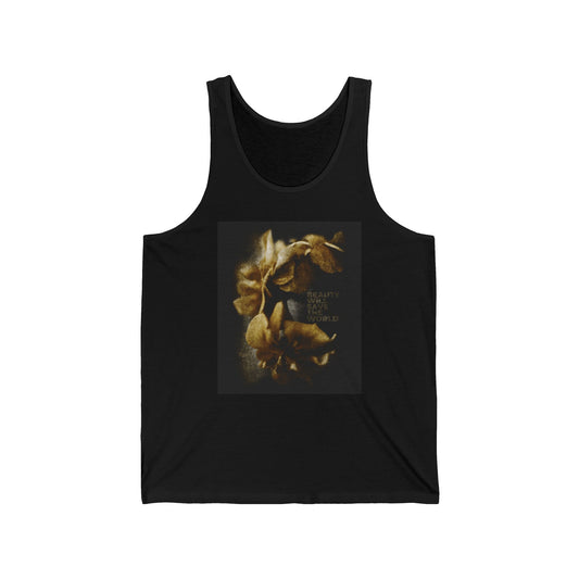 Black “Beauty Will Save the World” Christian tank top featuring Dostoevsky-inspired text and golden floral print, celebrating true beauty in creation and glorifying Jesus Christ, Universal Creator & King.
