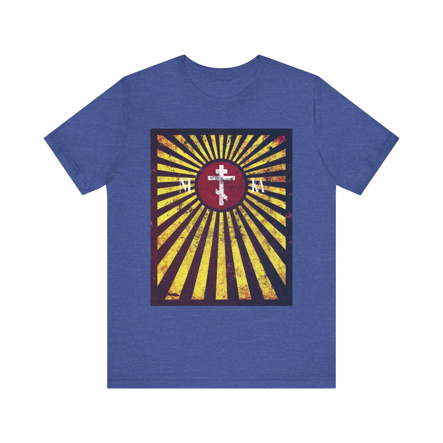 Heather True Royal NIKA Red Rising Sun Cross with Golden Rays T-shirt, featuring a distressed textured flag design with a graphic of golden rays, a red circle, a white Orthodox cross symbolizing the cross to bear, and the white letters N and M.