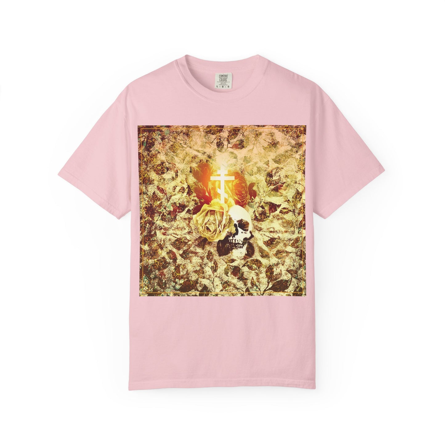 Blossom Rose & Skull Glowing Orthodox Cross Heavyweight Cotton Unisex Tee—featuring a graphic of a skull, roses, and a radiant cross on a floral-textured gold-toned background, this gothic Christian aesthetic shirt artfully references the valley of dry bones from Ezekiel’s prophecy.