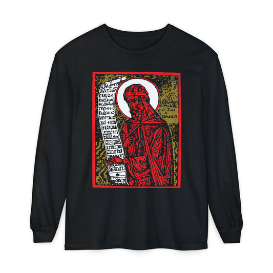 Black long-sleeve cotton shirt with a red, gold, and black high-contrast St. John of Damascus iconographic design and script inspired by Orthodox funeral hymns.