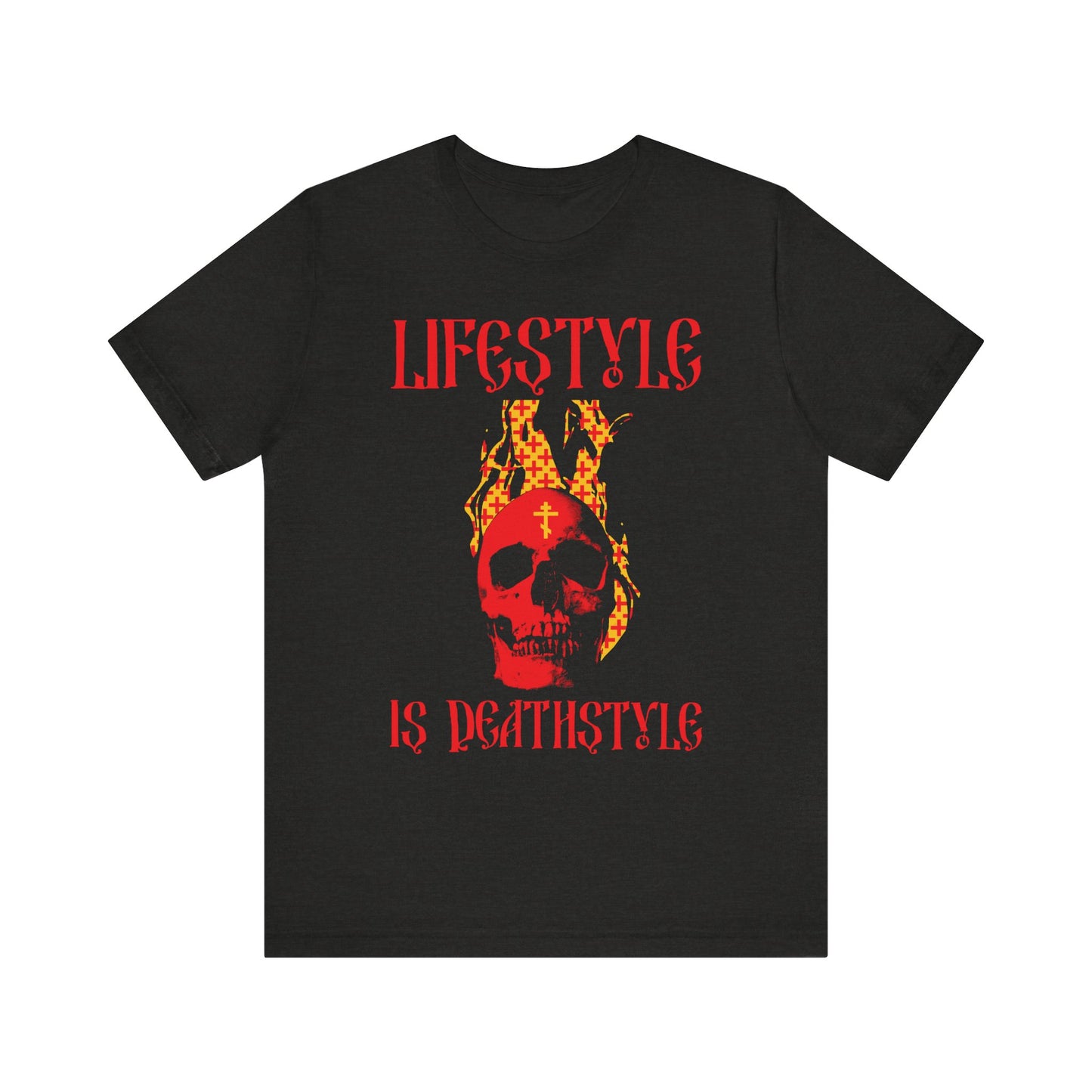 Black Heather t-shirt featuring a burning red skull with an Orthodox cross and the bold phrase "LIFESTYLE IS DEATHSTYLE," capturing the idea that how you live is how you die and reflecting on the actions that shape the human soul.
