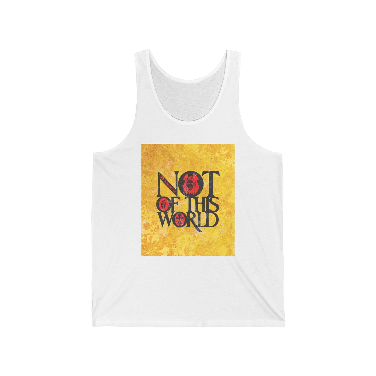 My Kingdom is Not of This World (John 18:36) | Bold Red, Yellow & Black Textured Design with Icon Motifs | Orthodox Christian Jersey Tank Top