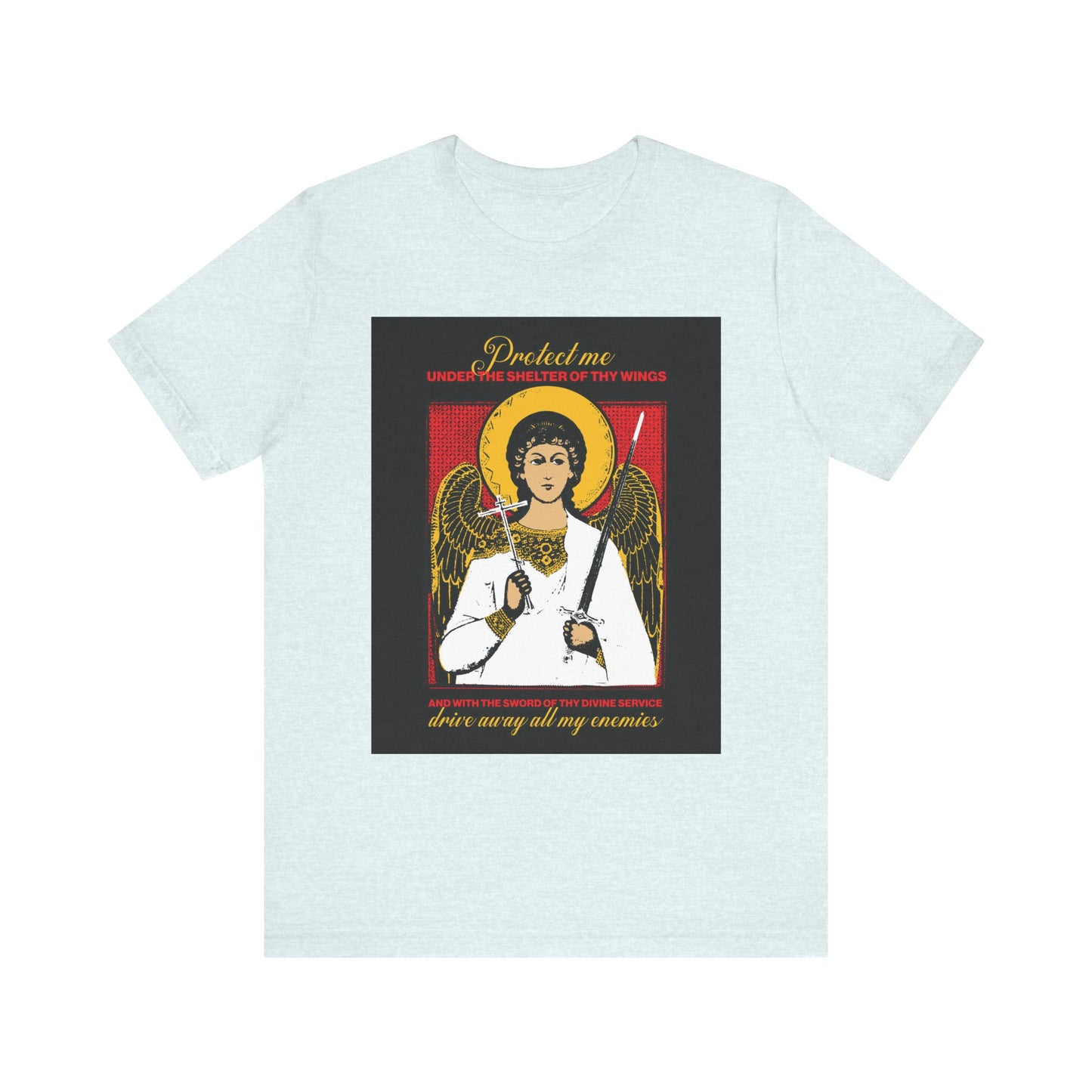 Heather Ice Blue unisex cotton T-shirt featuring a Holy Guardian Angel holding a sword and cross, with protection prayer: "Drive Away My Enemies"—icono-graphic design symbolizing divine protection.