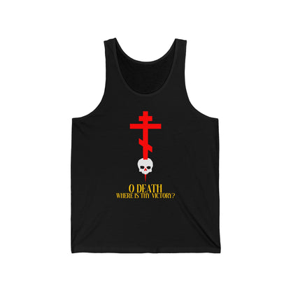 Black Orthodox Christian jersey tank top featuring a red cross stabbing a white skull, and bold yellow text: "O Death Where is Thy Victory? (1 Corinthians 15:55).
