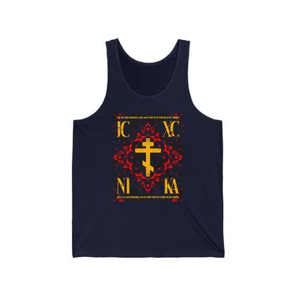 IC XC NIKA Orthodox Cross | Medieval Floral Design | The One Who Conquers (Revelation 3:21) | Orthodox Christian Jersey Tank Top