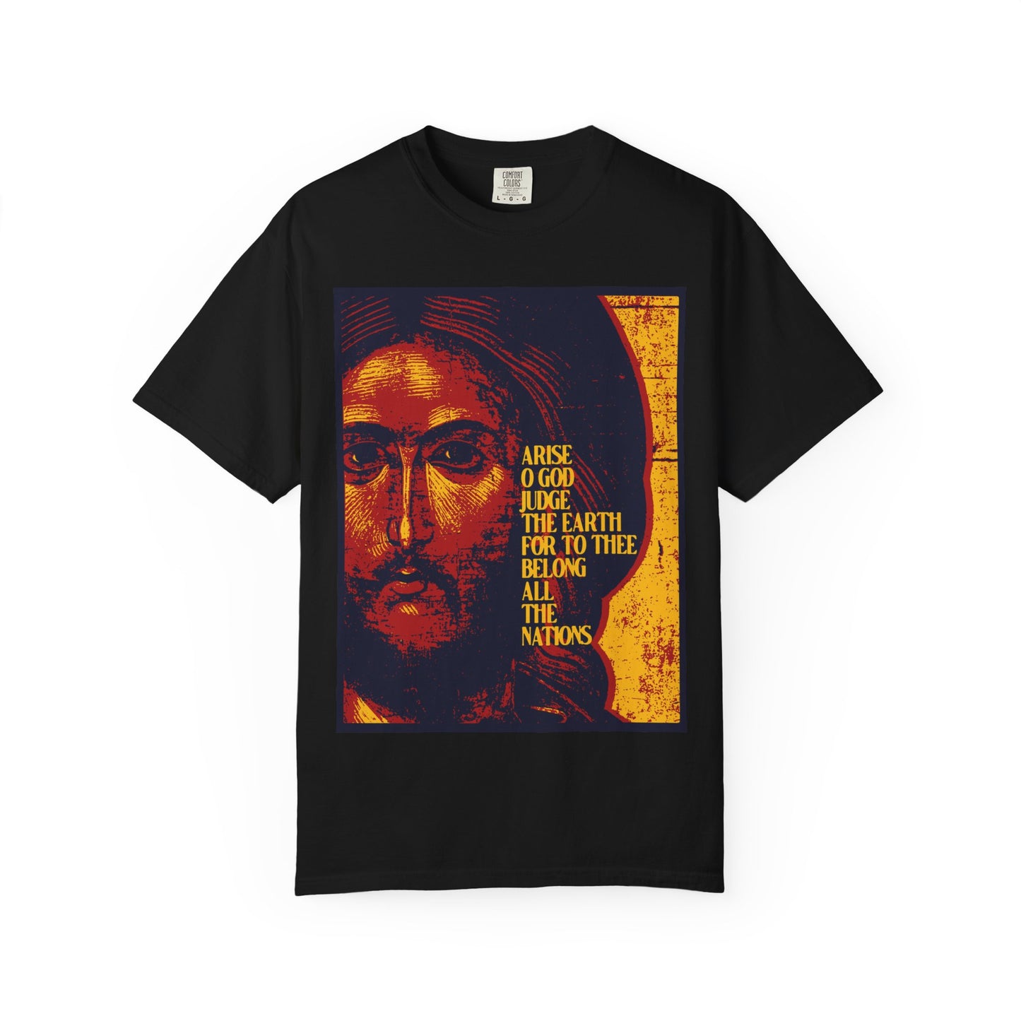 Black “Arise, O God, Judge the Earth | Psalm 81” heavyweight cotton unisex T-shirt in an Orthodox Christian posterized design, featuring an artistic iconographic image of Jesus Christ with yellow text proclaiming “Arise O God, judge the earth,” inspired by Psalm 81 and celebrating that all Kingdoms belong to our Lord.