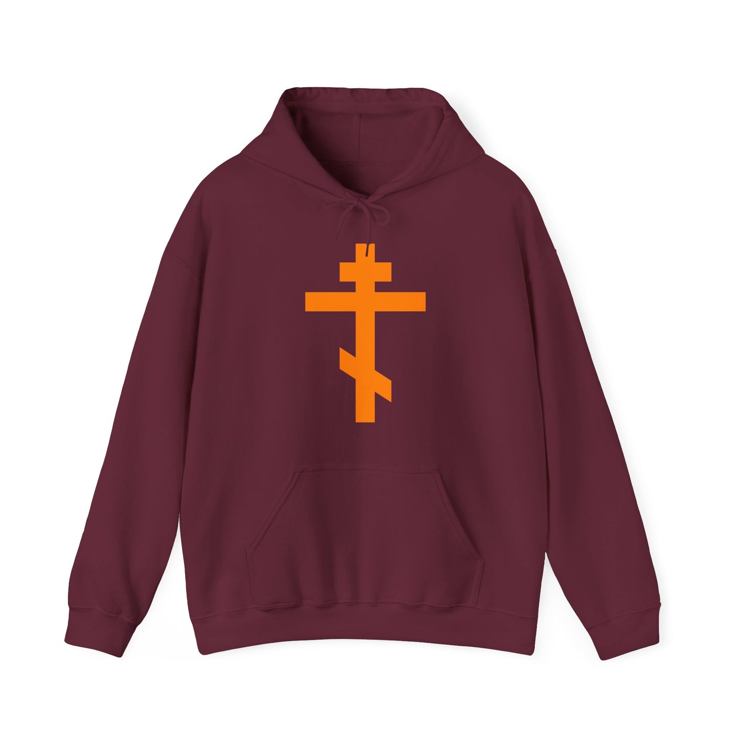 Maroon hoodie with bold orange Orthodox Tribar Cross and "Preserve Thy People By Thy Cross, O Lord" design. Christ is King. Christian streetwear.
