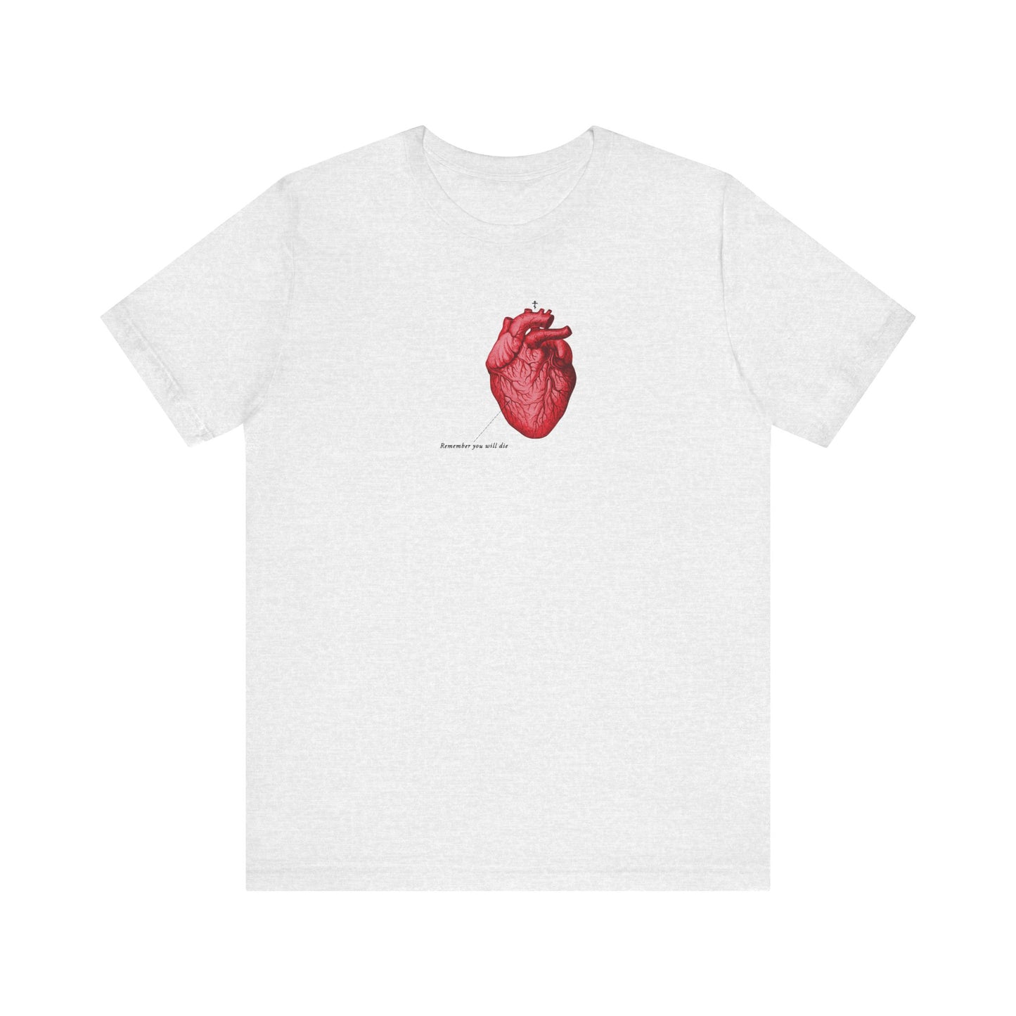 Ash tee with retro medical heart graphic and Orthodox cross, inspired by memento mori and Tone 4 Tuesday Vespers Aposticha. Centered small text reads "Remember You Will Die – It's Later Than You Think." Lightweight unisex cotton.
