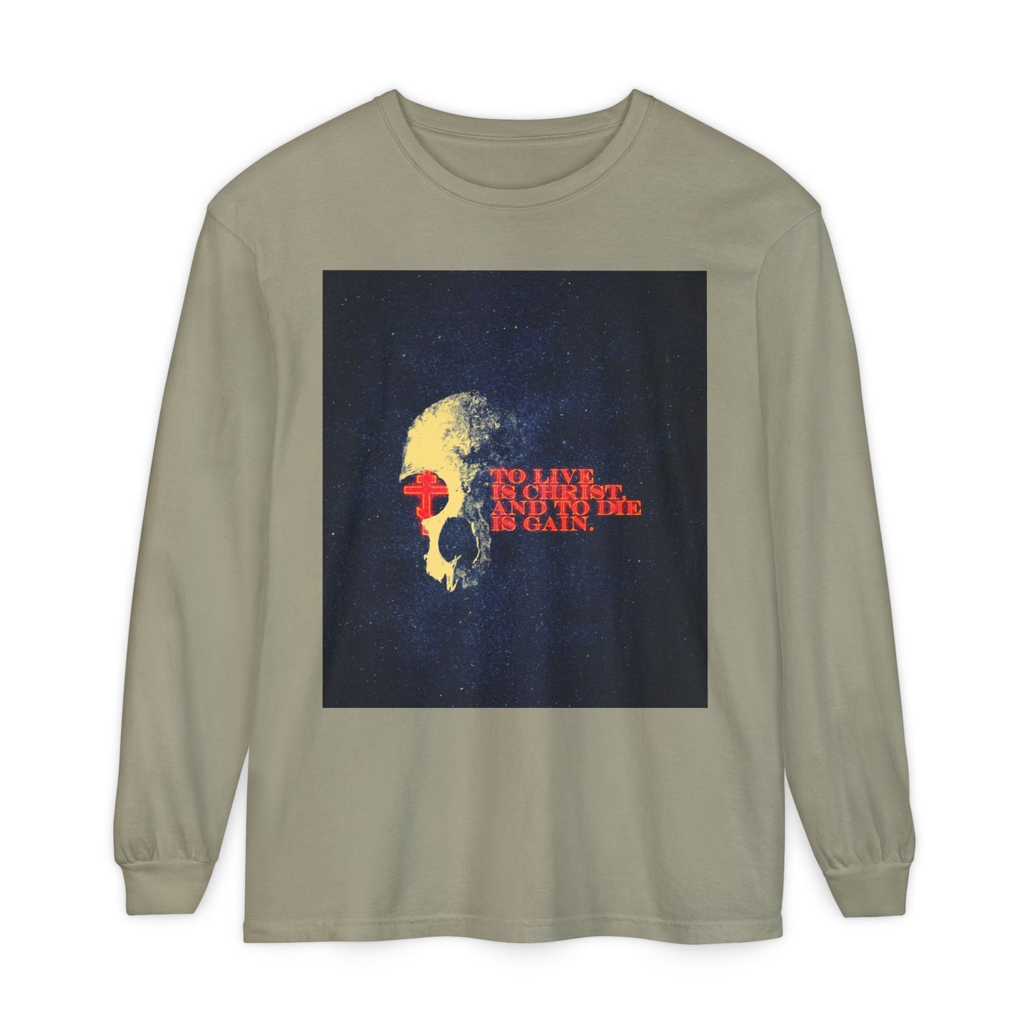 To Live is Christ and to Die is Gain | Phil 1:21 | Retro Texture | Glowing Letters and Cross with Skull | Orthodox Christian Long Sleeve Shirt
