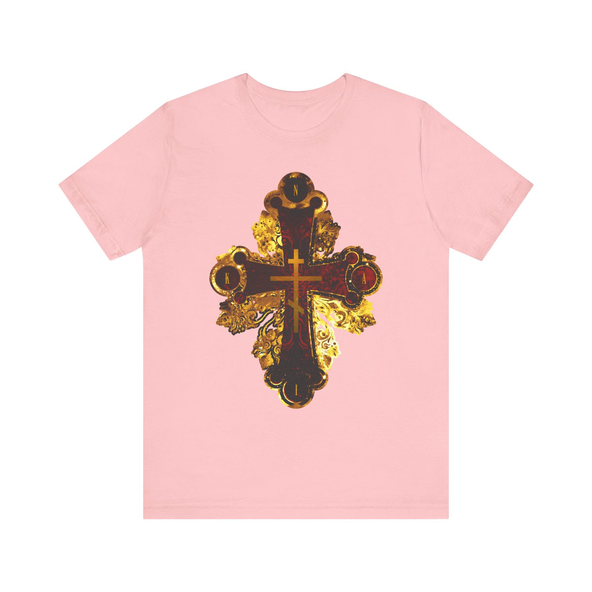 Pink lightweight cotton unisex t-shirt featuring an ornate metallic-style Orthodox NIKA cross in red and gold texture, inspired by Tone 3 Tuesday Matins.