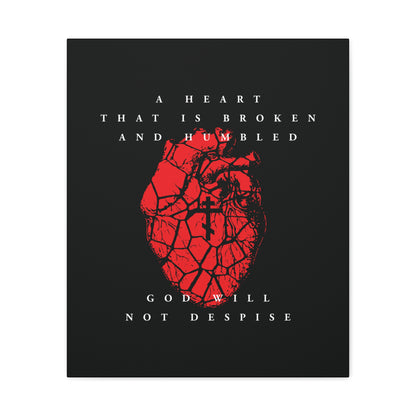 A Heart That is Broken and Humbled God Will Not Despise: Christian canvas art featuring a cracked red heart with Orthodox cross, inspired by the prayer of repentance in Psalm 51.