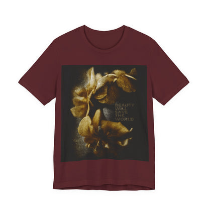 Maroon "Beauty Will Save the World" t-shirt featuring Dostoevsky-inspired artwork glorifying Jesus Christ, Universal Creator & King—Orthodox Christian apparel celebrating creation’s beauty and goodness.