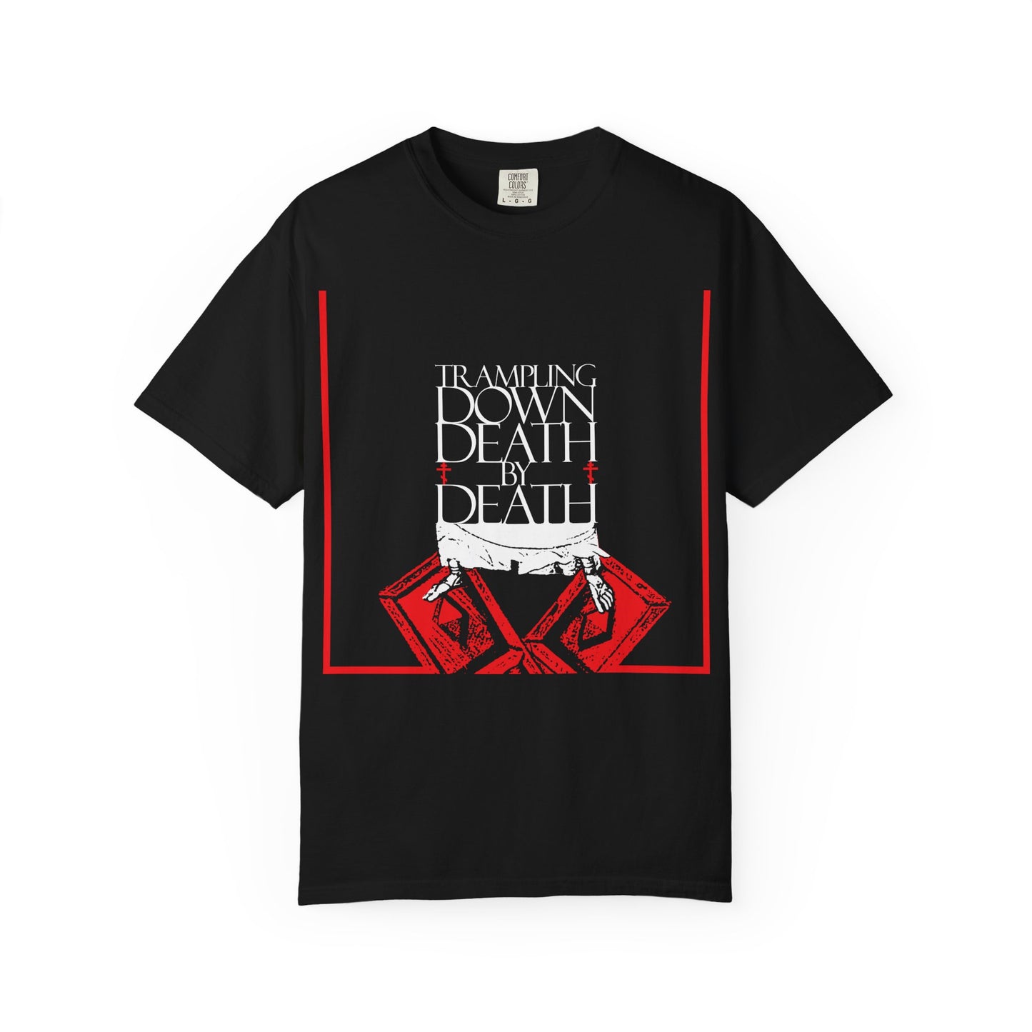Black heavyweight cotton tee featuring "Trampling Down Death By Death" text, iconographic Jesus' feet on Gates of Hades design, symbolizing Pascha and the Resurrection. Unisex Orthodox shirt.