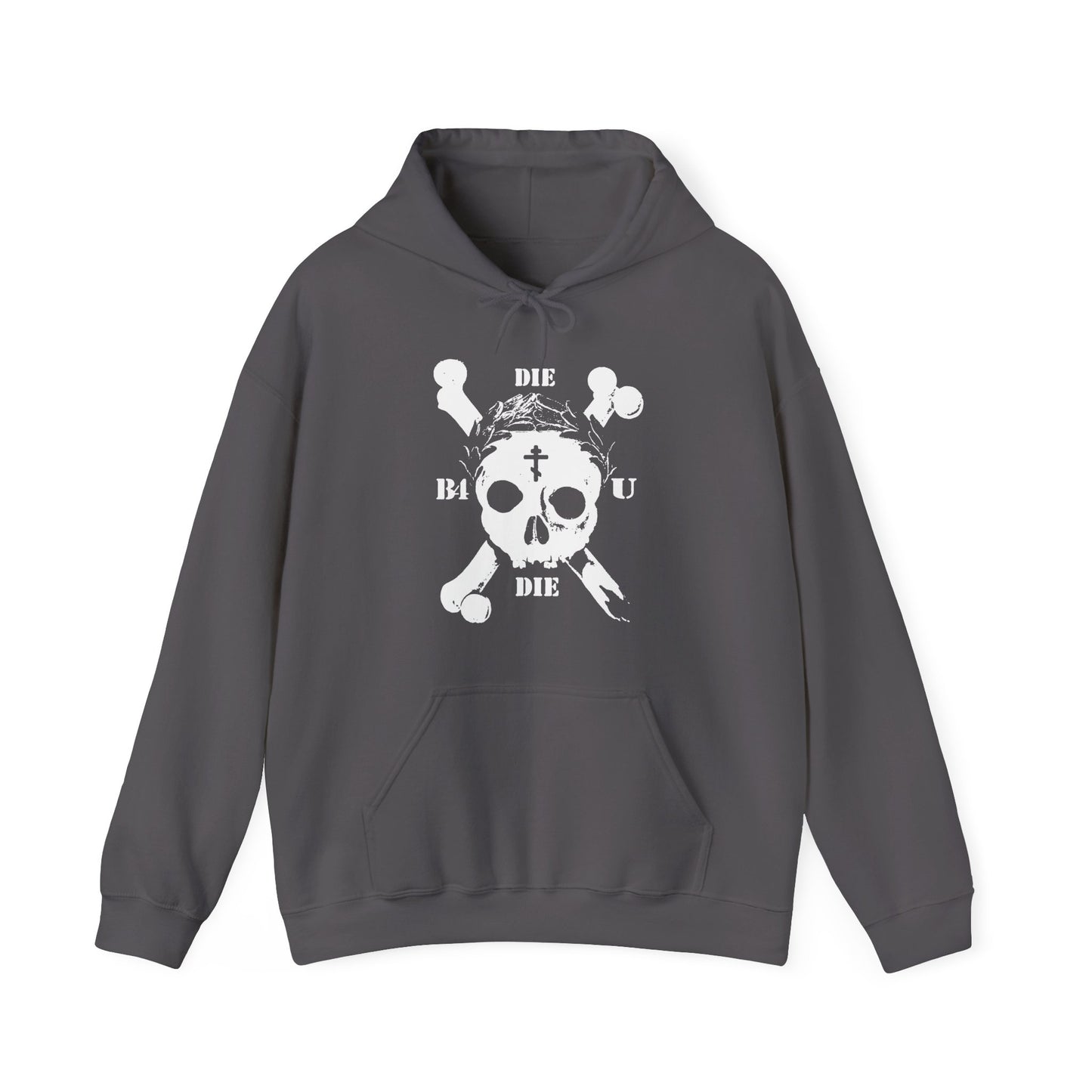 Die Before You Die | Retro Skull & Crossbones Hoodie features a white skull with Orthodox Cross, laurel wreath, and "DIE BEFORE YOU DIE"—a memento mori inspired by Matthew 16:24-25 and the ascetic Christian tradition.
