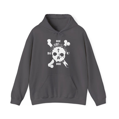 Die Before You Die | Retro Skull & Crossbones Hoodie features a white skull with Orthodox Cross, laurel wreath, and "DIE BEFORE YOU DIE"—a memento mori inspired by Matthew 16:24-25 and the ascetic Christian tradition.