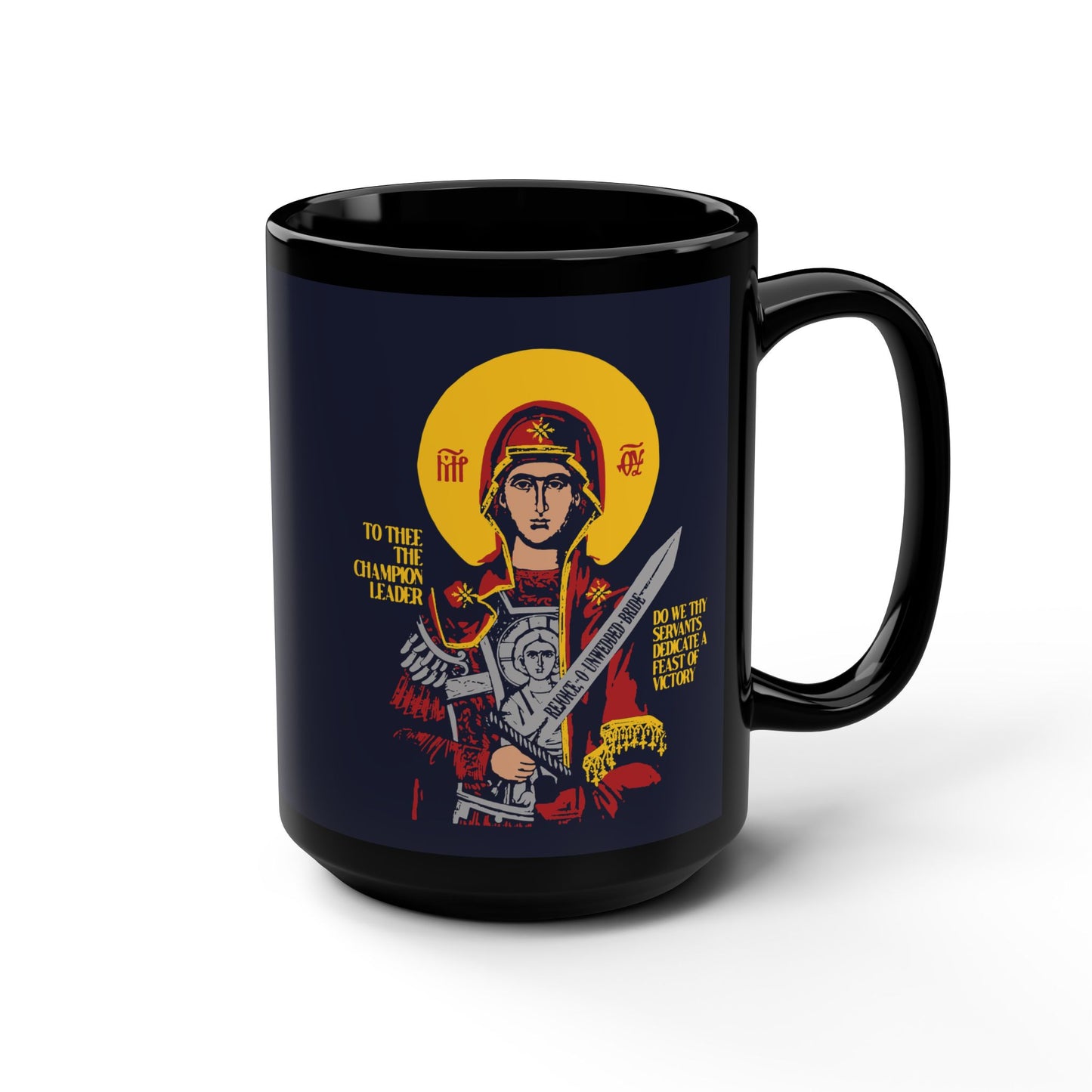 To Thee the Champion Leader | Mother of God | Theotokos with Sword IconoGraphic | Orthodox Christian Black Mug